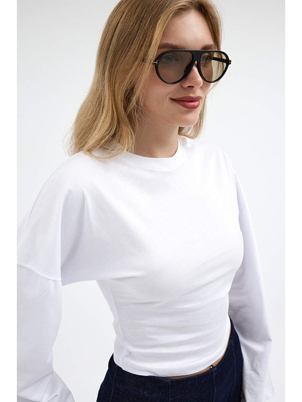 Kadın Basic Geniş Kol Beyaz Crop Bluz-5