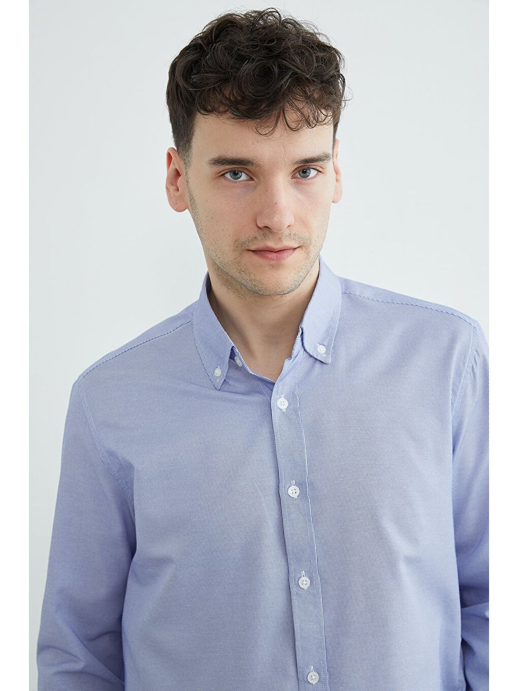 Mavi Çizgili Düğmeli Uzun Kol Gömlek-3