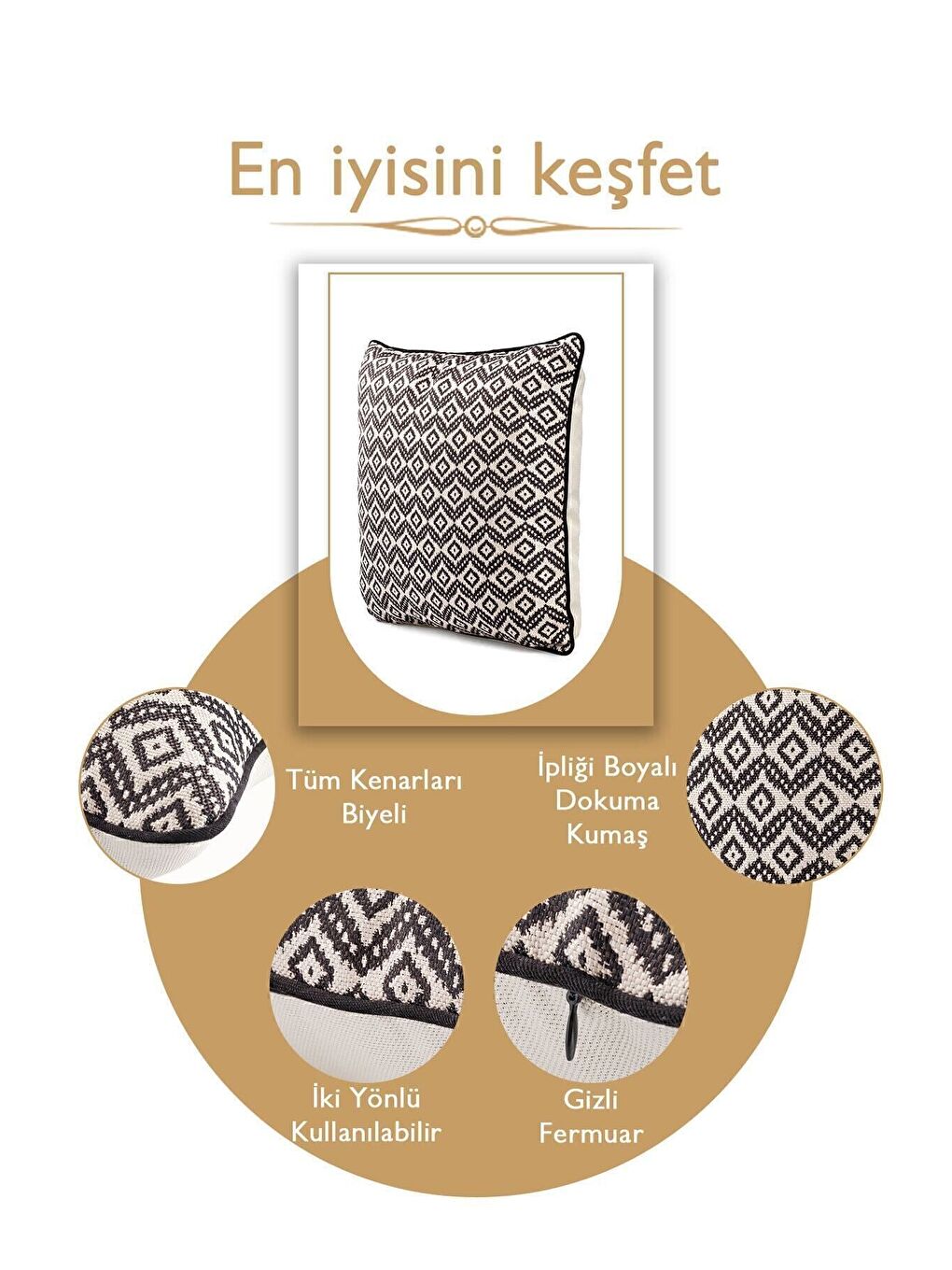 Siyah Özel Tasarım 43x43 Dokuma Kırlent Kılıfı Biyeli Gizli Fermuarlı Dekoratif Salon-3