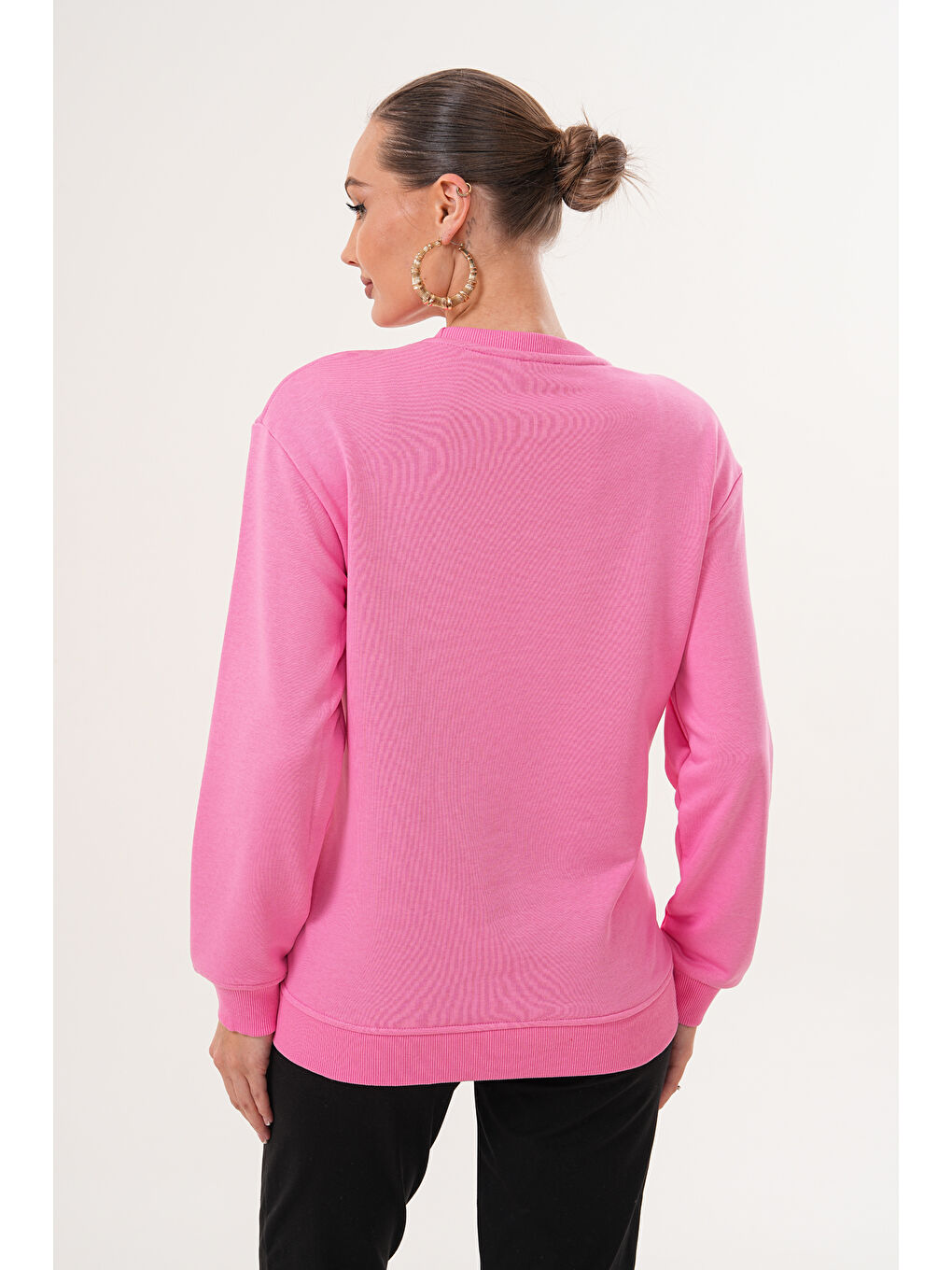 Pembe Bisiklet Yaka %100 Pamuk Hamile ve Lohusa Basic Sweatshirt-5