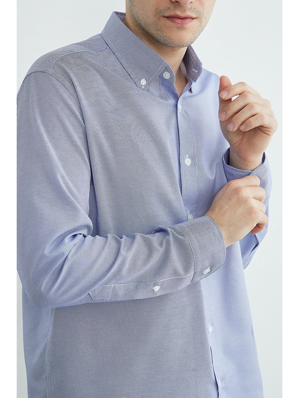 Mavi Çizgili Düğmeli Uzun Kol Gömlek-4