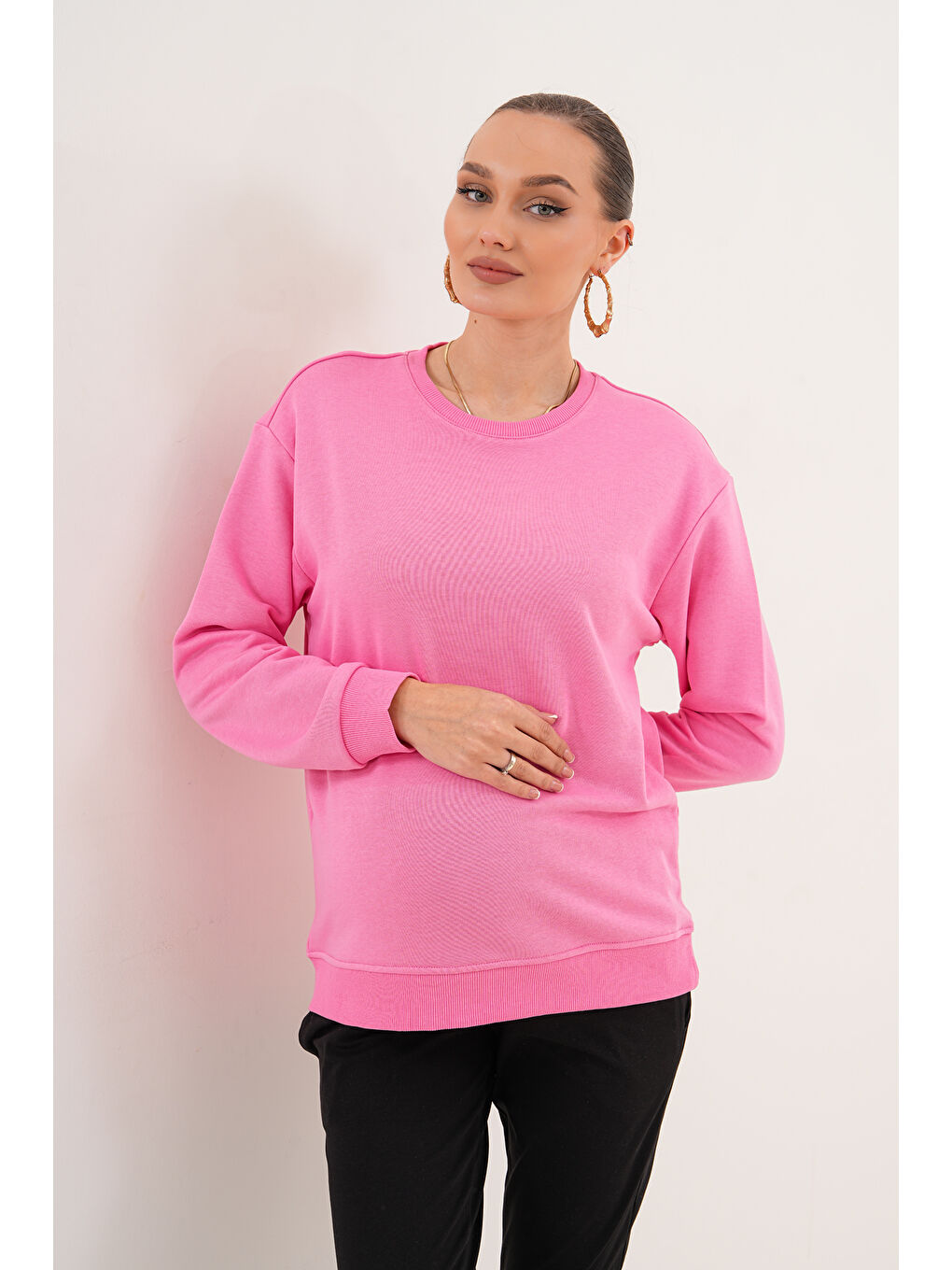 Pembe Bisiklet Yaka %100 Pamuk Hamile ve Lohusa Basic Sweatshirt-6