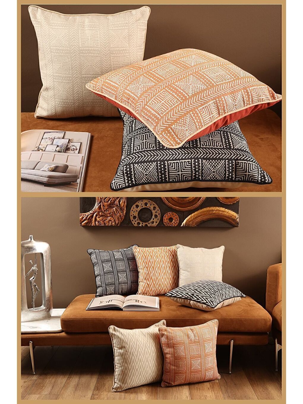 Turuncu Özel Tasarım 43x43 Dokuma Kırlent Kılıfı Biyeli Gizli Fermuarlı Dekoratif Salon-1