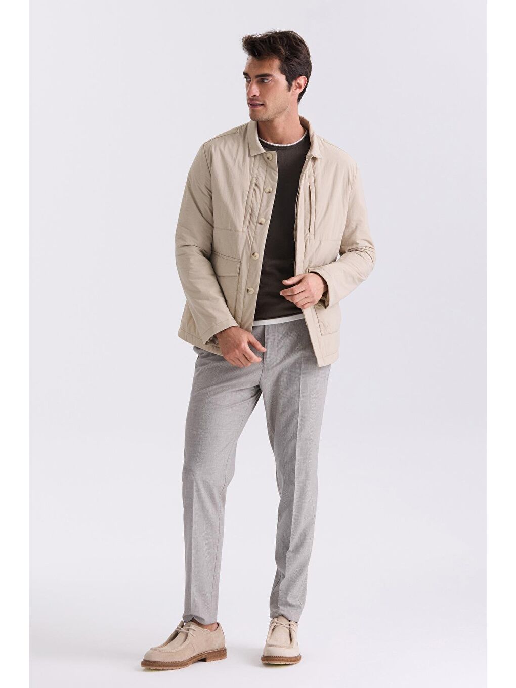 Bej Taş Comfort Fit Beli Lastikli Yünlü Kumaş Pantolon-1