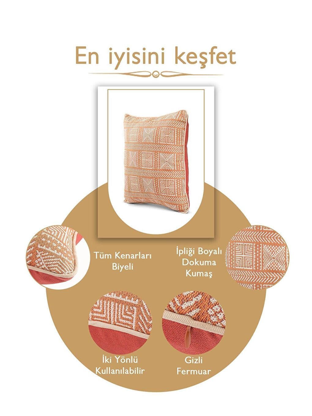 Turuncu Özel Tasarım 43x43 Dokuma Kırlent Kılıfı Biyeli Gizli Fermuarlı Dekoratif Salon-3