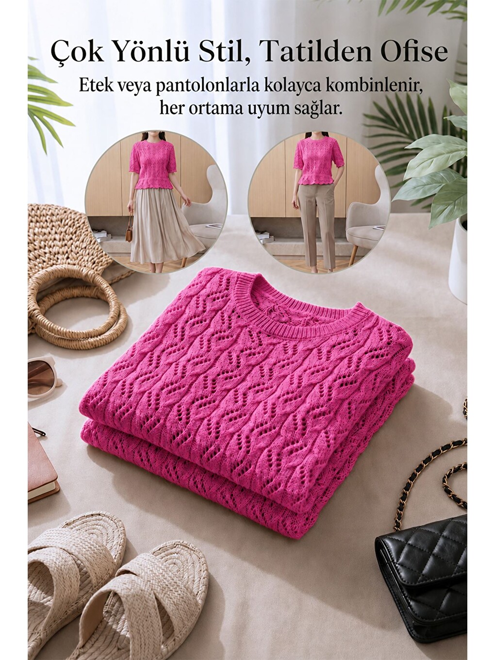 Pembe Kendinden Desenli Triko Bluz-1