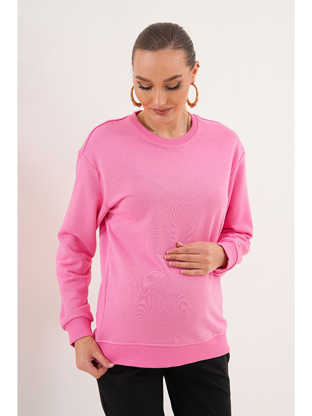 Pembe Bisiklet Yaka %100 Pamuk Hamile ve Lohusa Basic Sweatshirt-7
