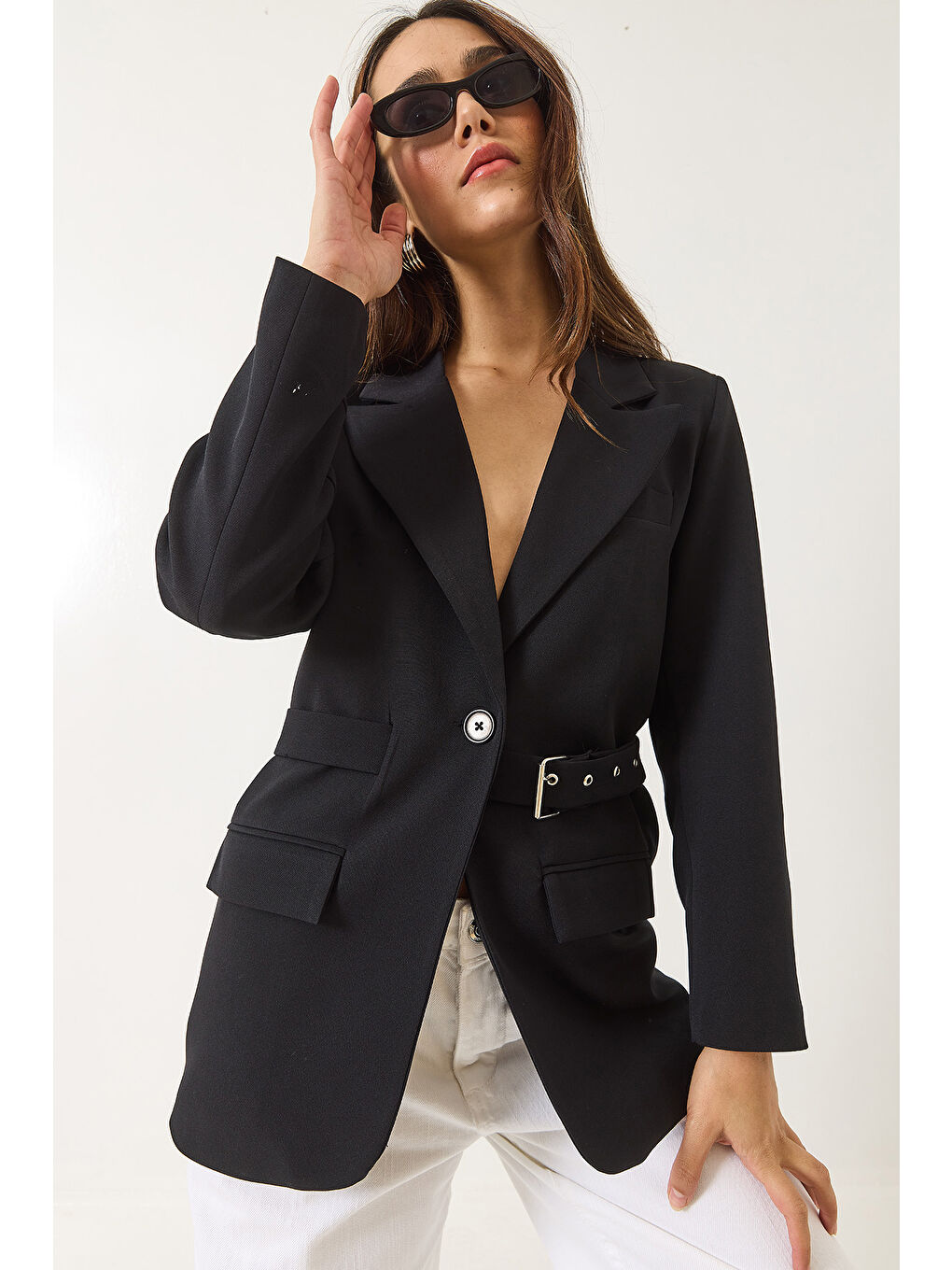 Siyah Kadın Kemer Detaylı Astarlı Blazer Ceket-2