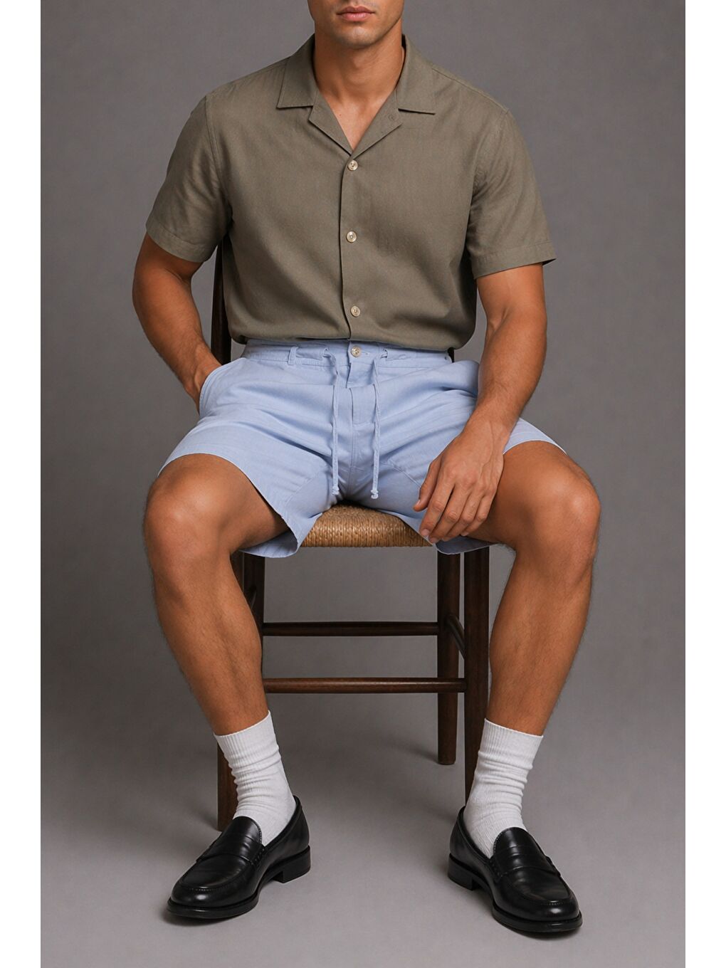 Mavi Erkek %100 Pamuk Linen Şort Rahat Kesim Yazlık Şort-1