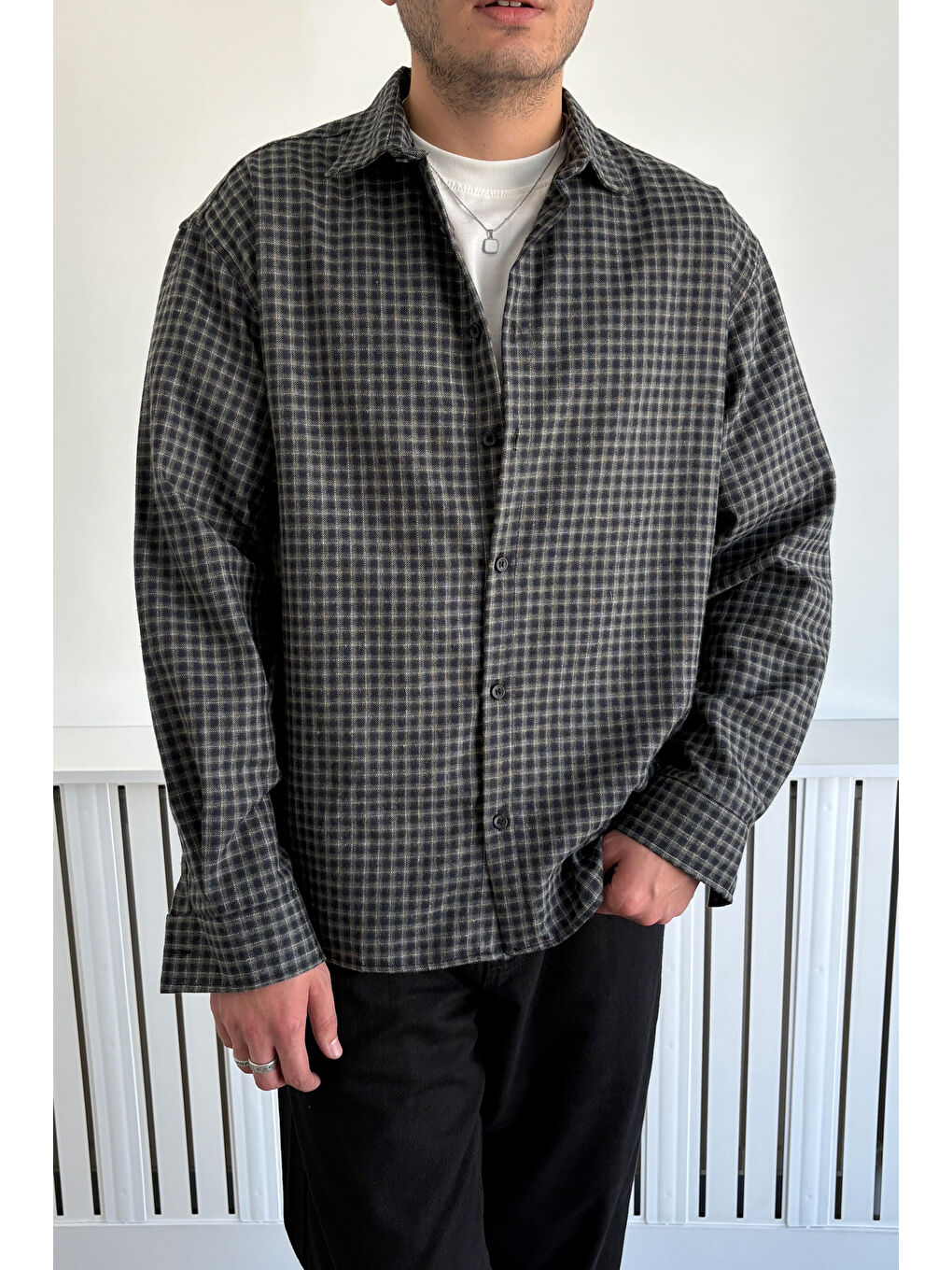 Haki Erkek Oversize %100 Pamuk Ekose Gömlek