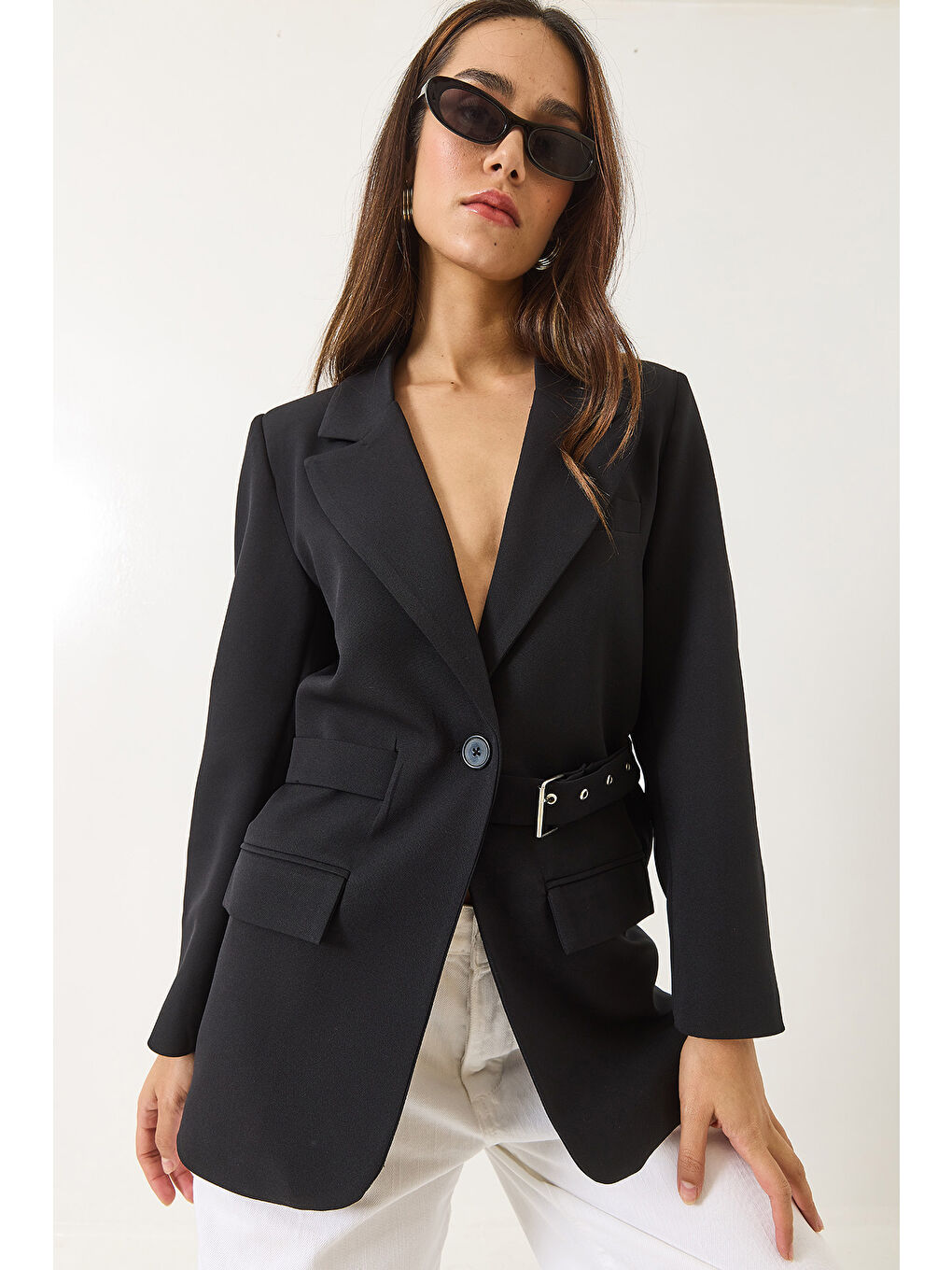 Siyah Kadın Kemer Detaylı Astarlı Blazer Ceket-3
