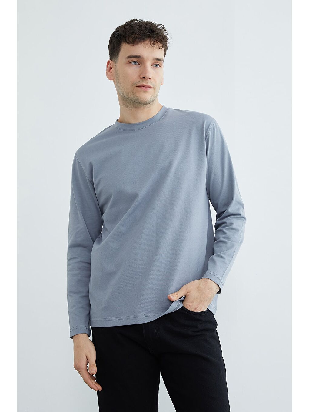 Gri Basic Bisiklet Yaka Sweatshirt-1