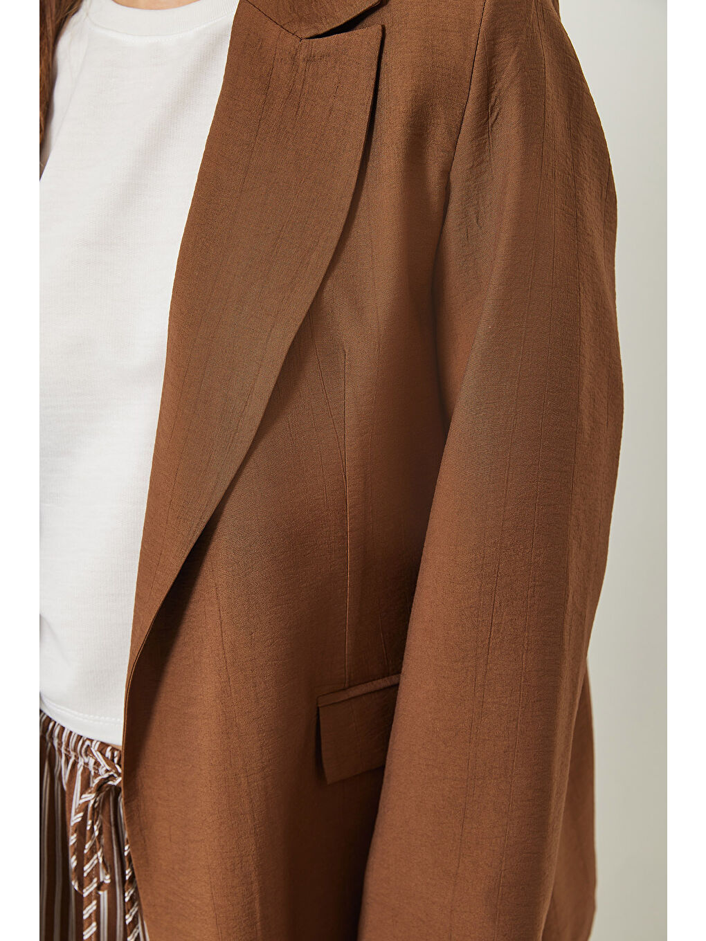 Kahverengi Kadın Vatkalı Astarı Çizgili Çilek Kumaş Blazer Ceket-4