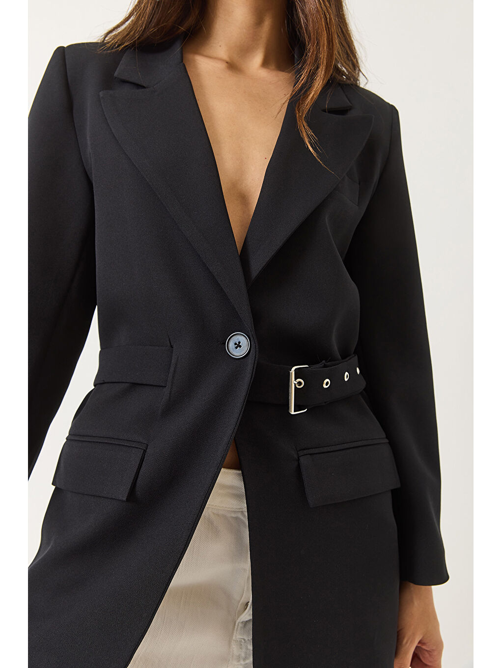 Siyah Kadın Kemer Detaylı Astarlı Blazer Ceket-5