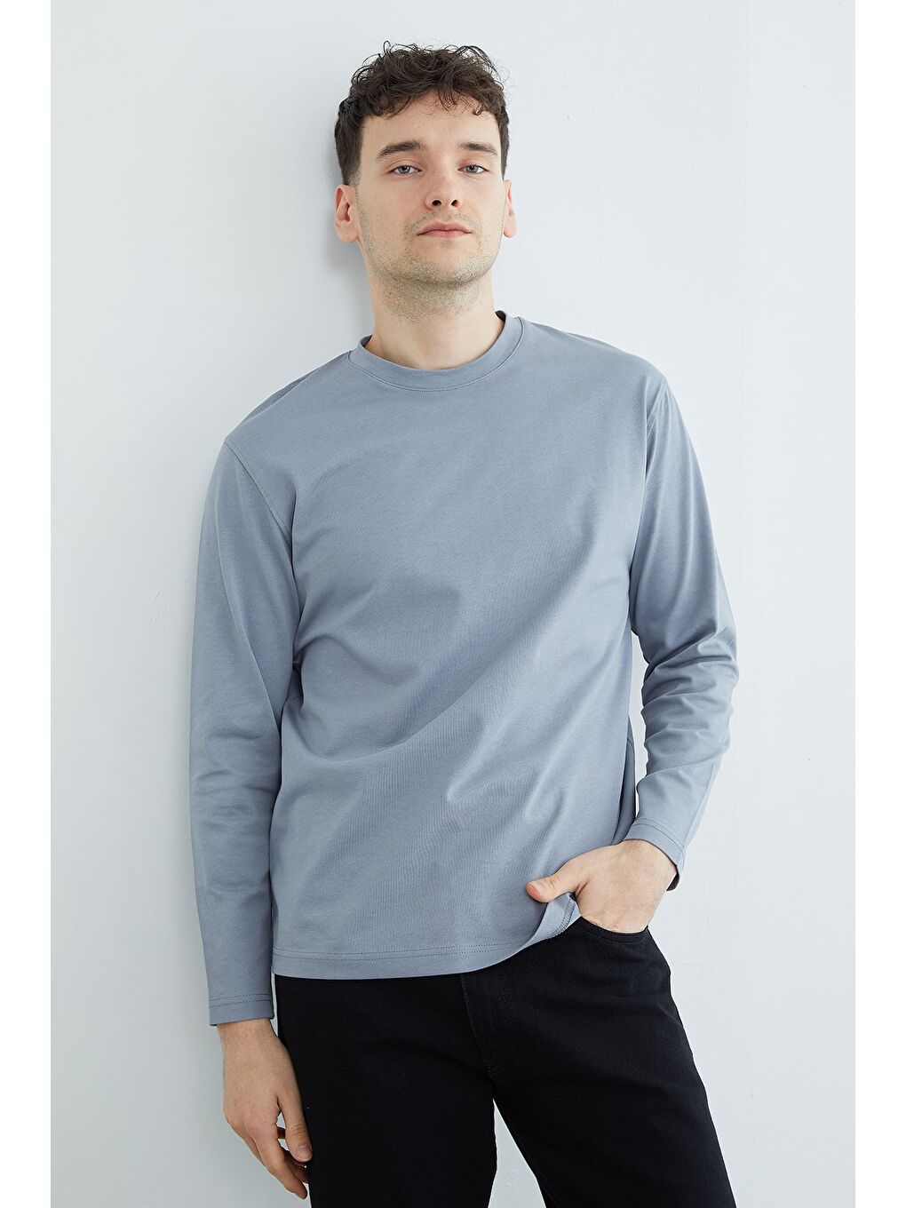 Gri Basic Bisiklet Yaka Sweatshirt-2