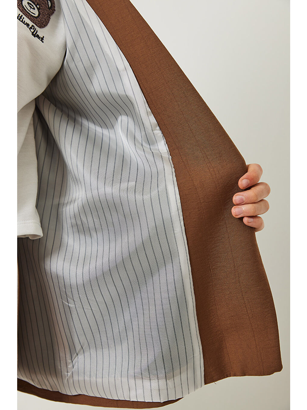 Kahverengi Kadın Vatkalı Astarı Çizgili Çilek Kumaş Blazer Ceket-5