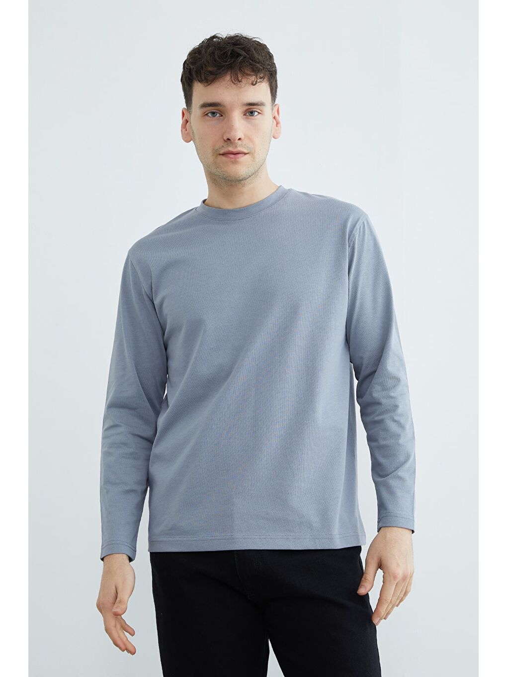 Gri Basic Bisiklet Yaka Sweatshirt-3