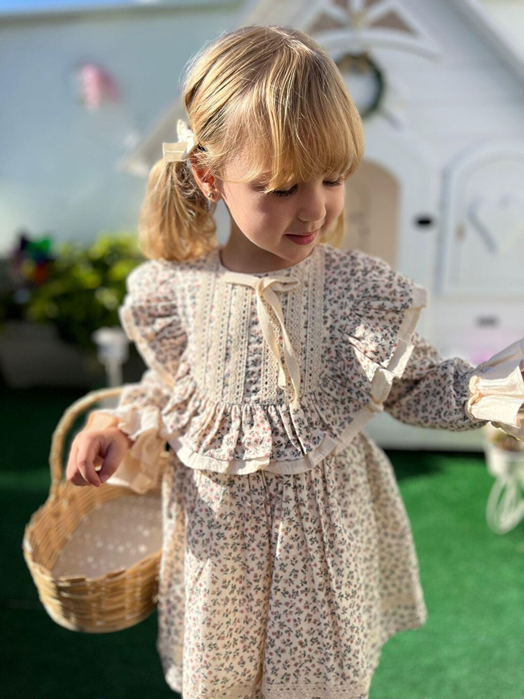 Kız Çocuk Çiçek Desenli Fırfır Detaylı Uzun Kollu Pamuklu Elbise - Bej-2