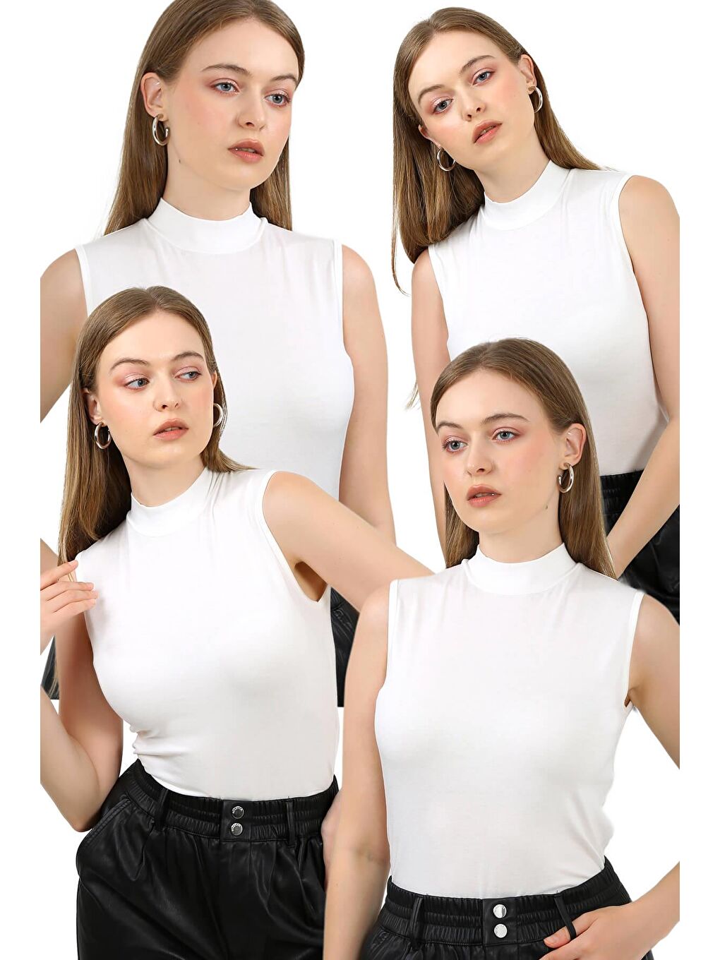 Beyaz Kadın 4'Lü Kolsuz Body