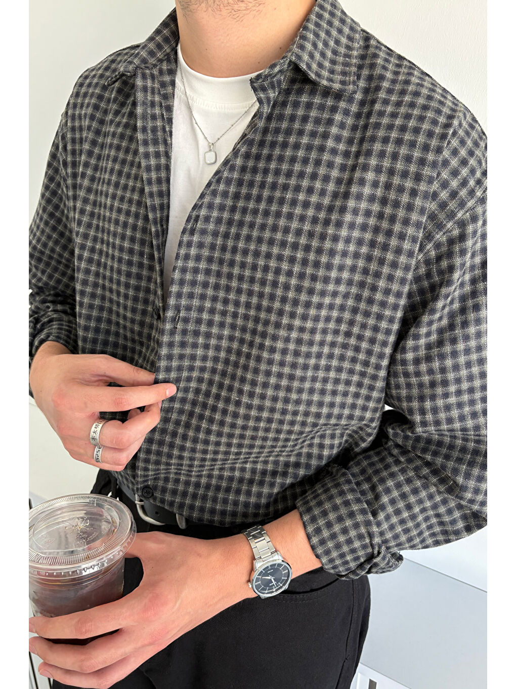 Haki Erkek Oversize %100 Pamuk Ekose Gömlek-2