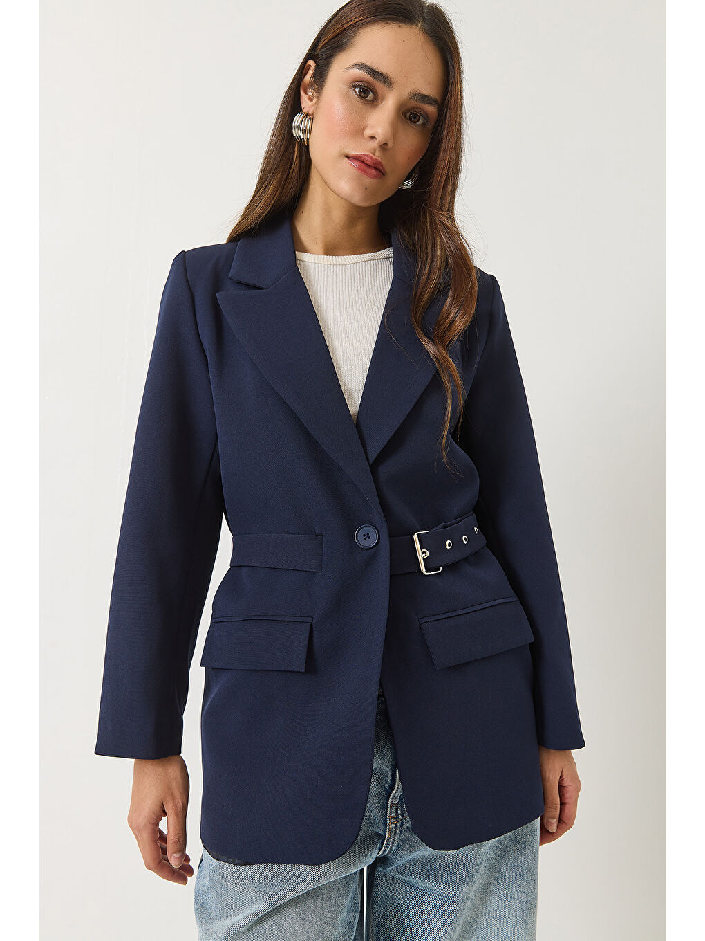 Lacivert Kadın Kemer Detaylı Astarlı Blazer Ceket