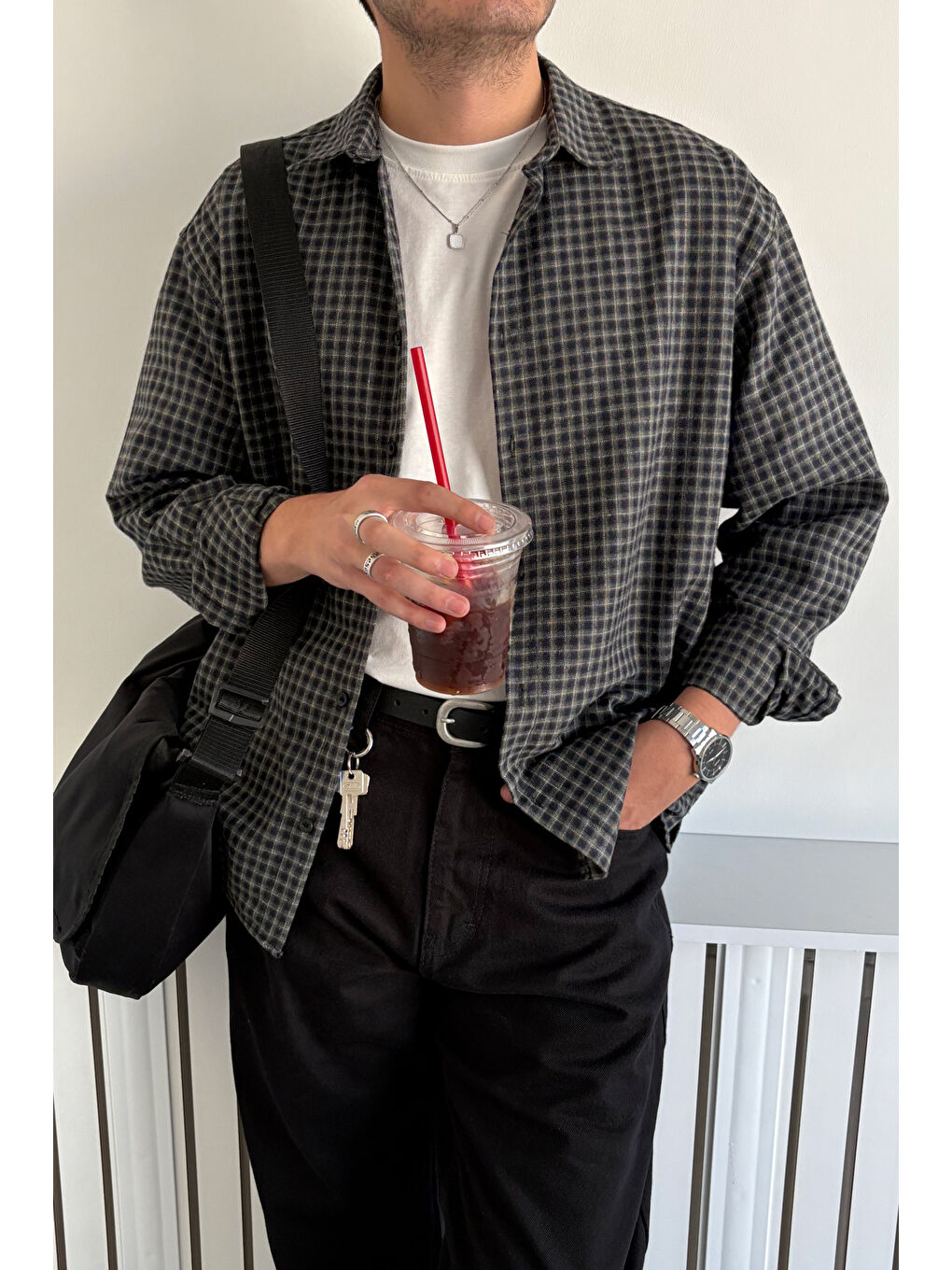 Haki Erkek Oversize %100 Pamuk Ekose Gömlek-3