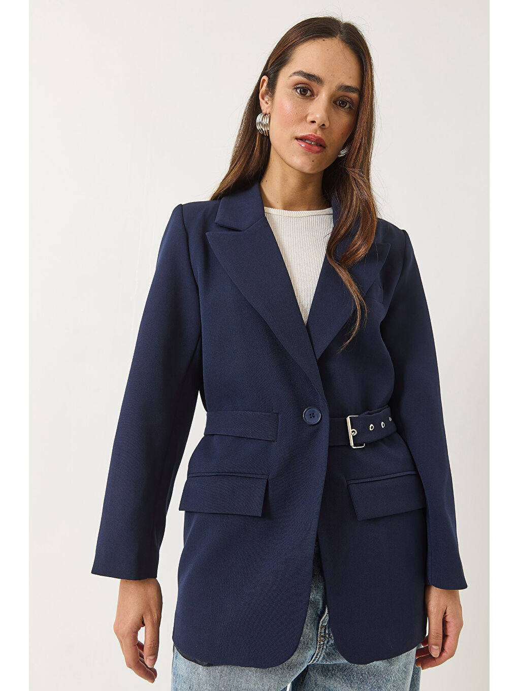 Lacivert Kadın Kemer Detaylı Astarlı Blazer Ceket-1