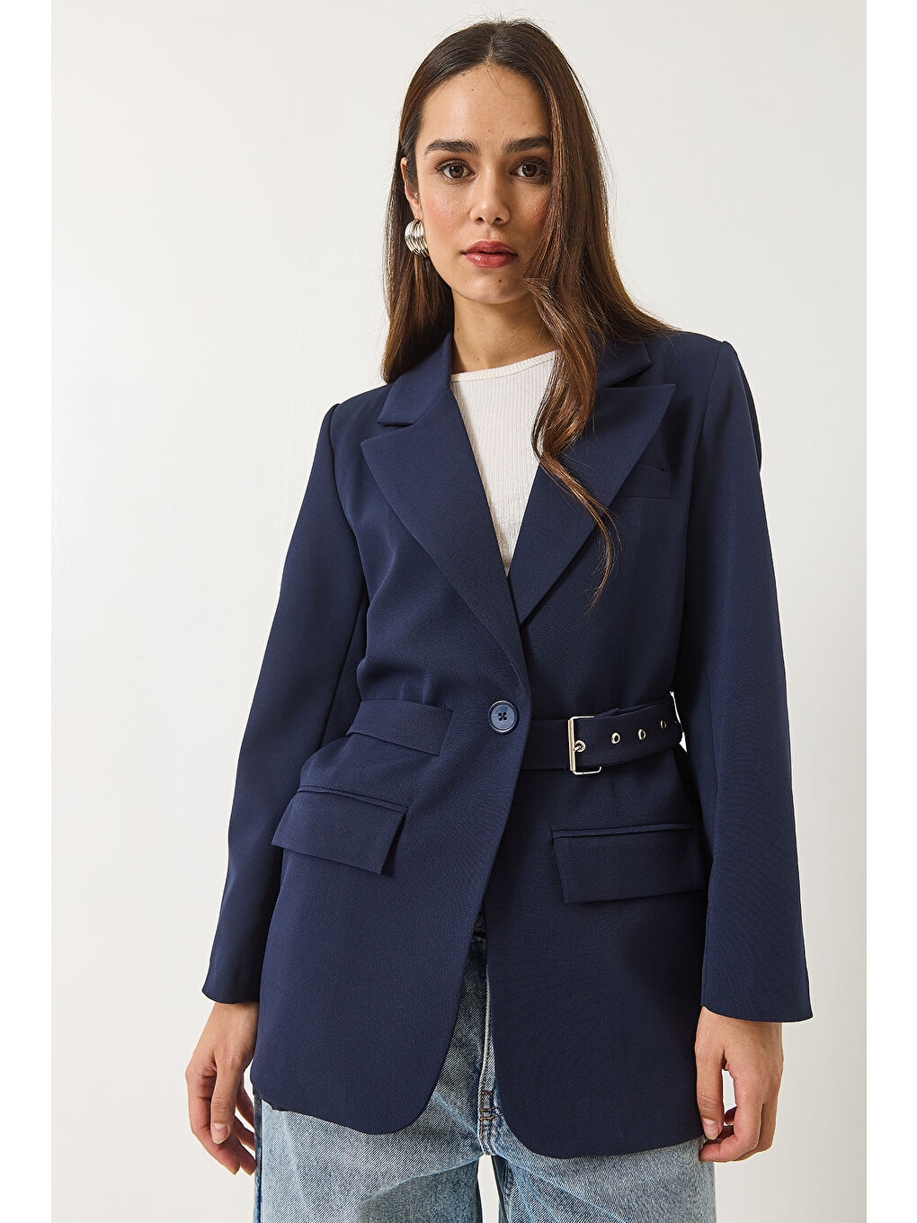 Lacivert Kadın Kemer Detaylı Astarlı Blazer Ceket-2