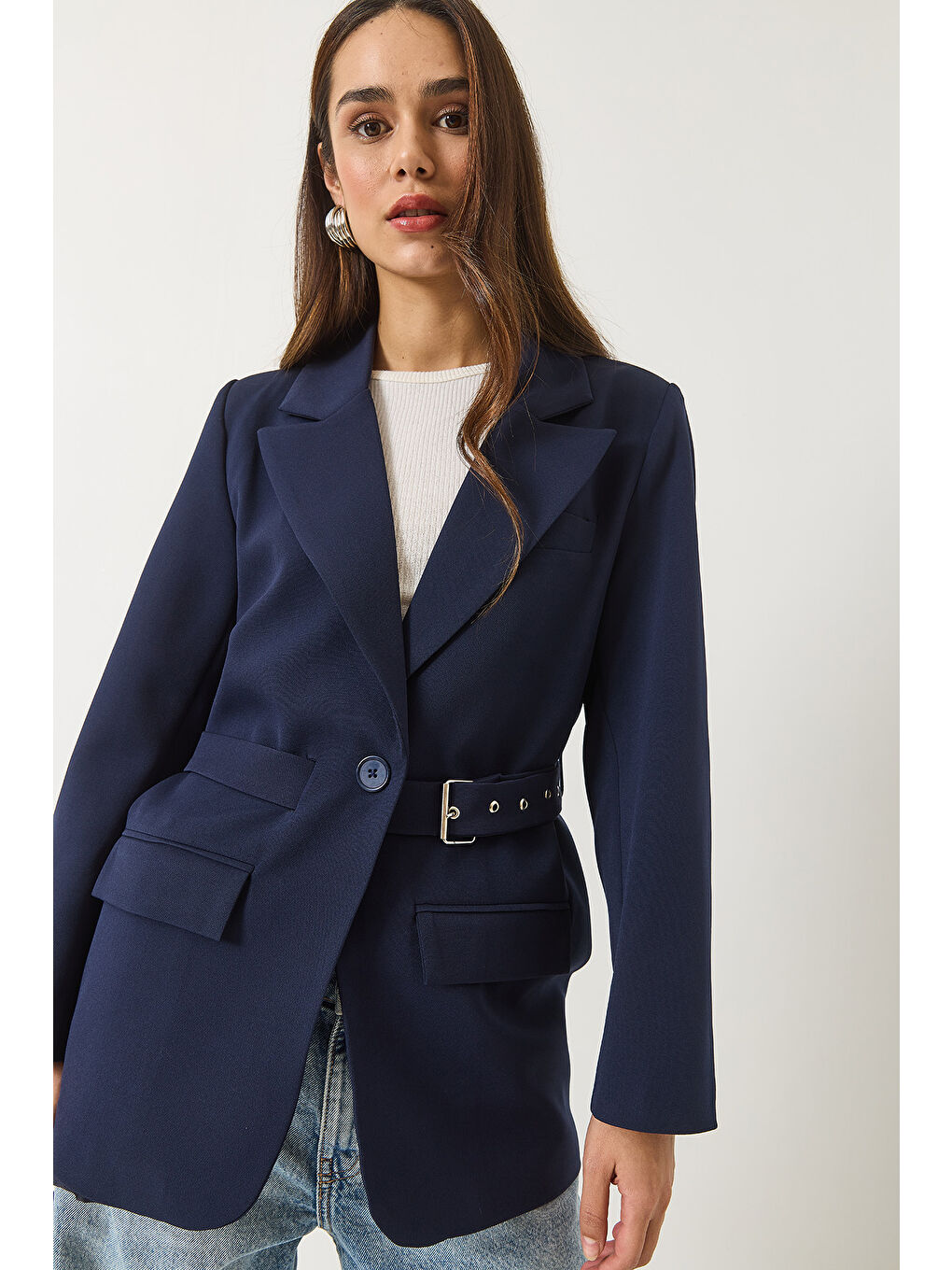 Lacivert Kadın Kemer Detaylı Astarlı Blazer Ceket-3