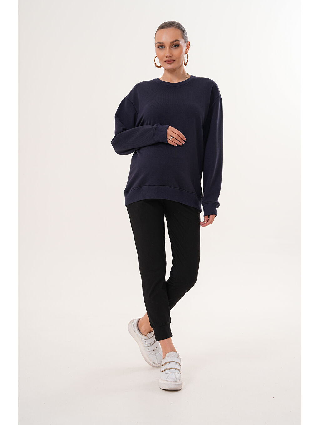 Lacivert Bisiklet Yaka %100 Pamuk Hamile ve Lohusa Basic Sweatshirt