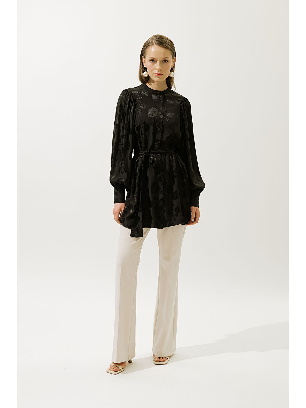 Jakarlı Saten Gömlek Kahverengi-1