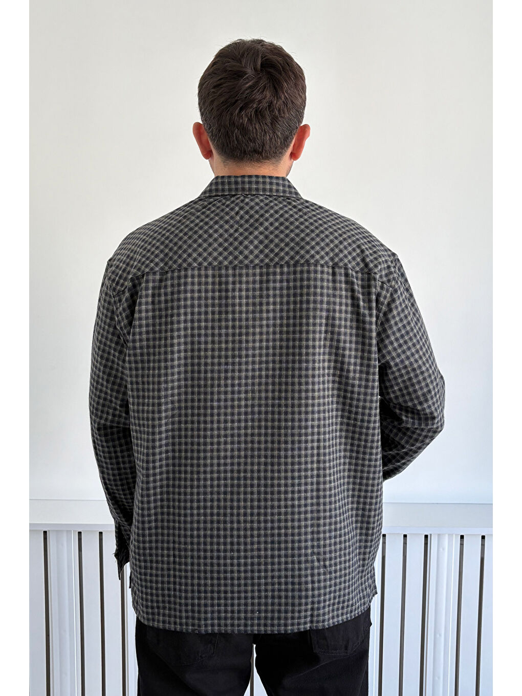 Haki Erkek Oversize %100 Pamuk Ekose Gömlek-5