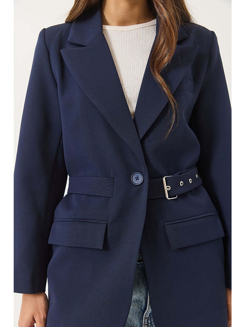 Lacivert Kadın Kemer Detaylı Astarlı Blazer Ceket-4
