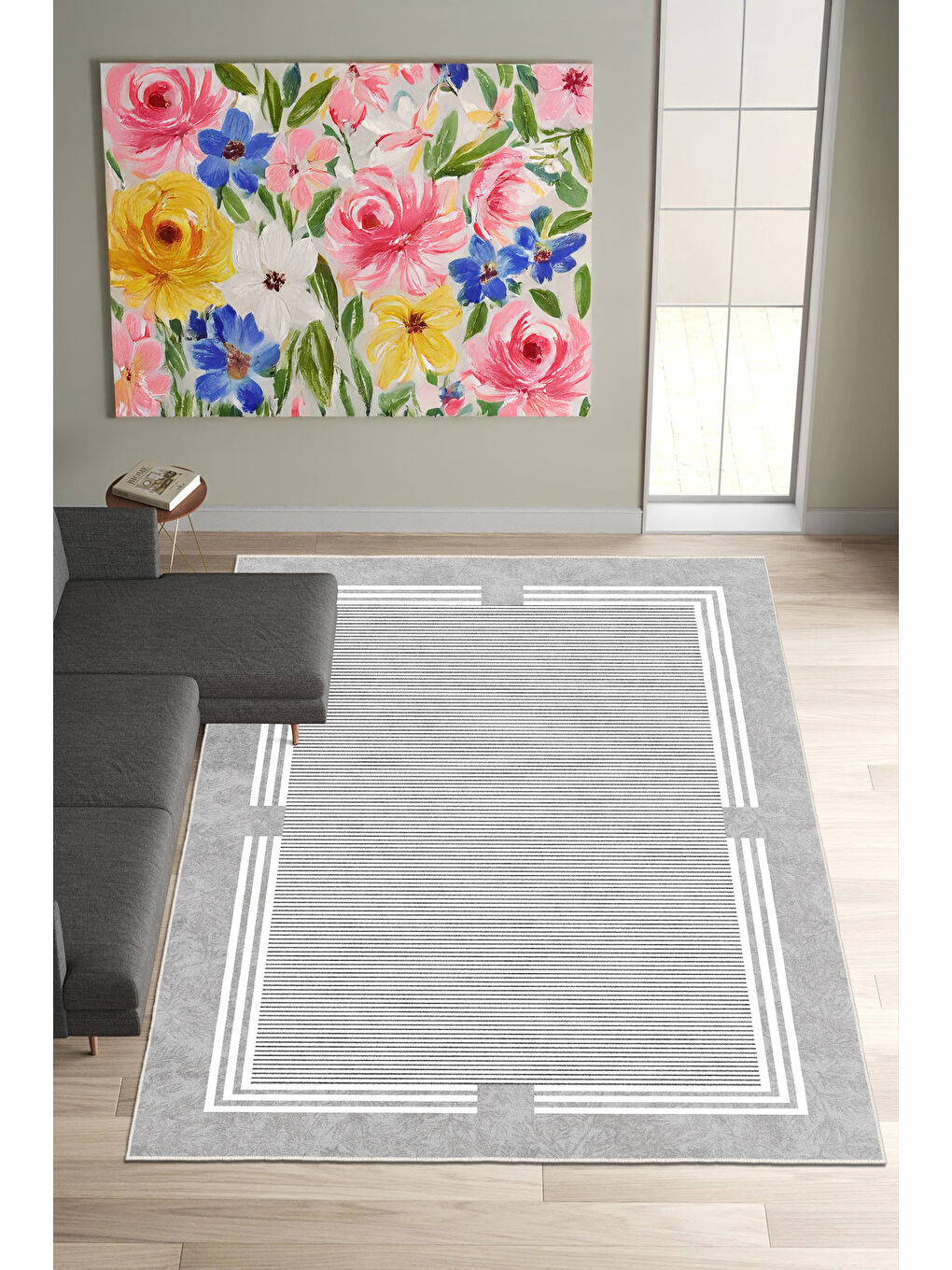 Gri Dekoratif Salon Halısı, Makinada Yıkanabilir, Kaymaz Taban, İnce & Modern Tasarım-4