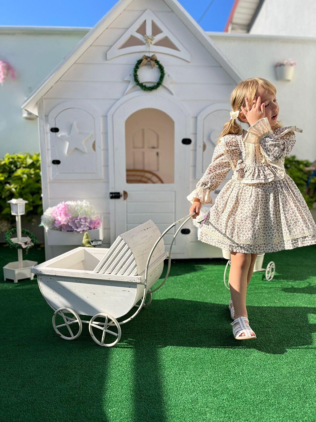 Kız Çocuk Çiçek Desenli Fırfır Detaylı Uzun Kollu Pamuklu Elbise - Bej-3