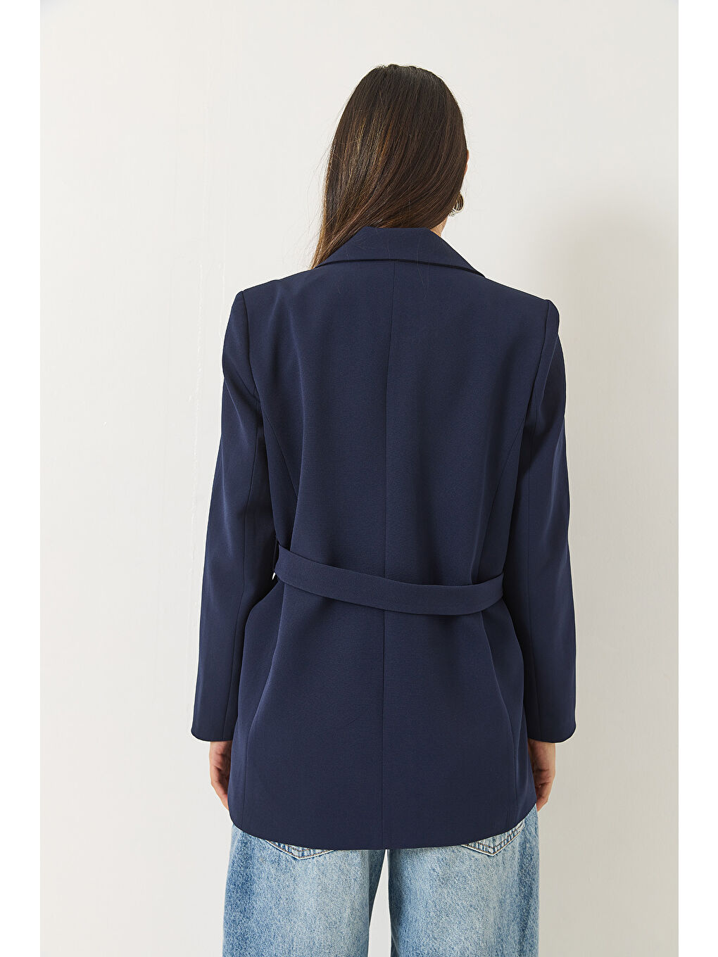 Lacivert Kadın Kemer Detaylı Astarlı Blazer Ceket-5