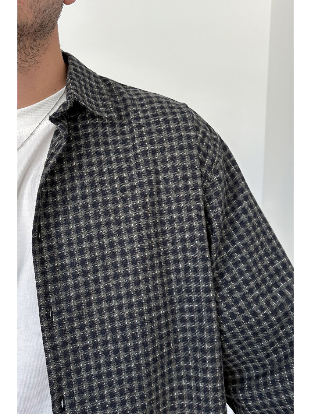 Haki Erkek Oversize %100 Pamuk Ekose Gömlek-6