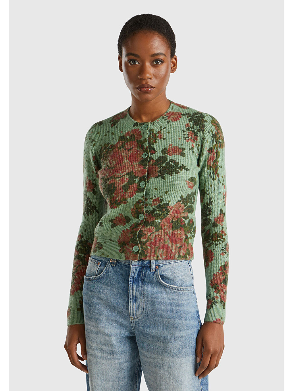 Kadın Yeşil Yün Karışımlı Tamamı Çiçek Desenli Bisiklet Yaka Kısa Hırka-1