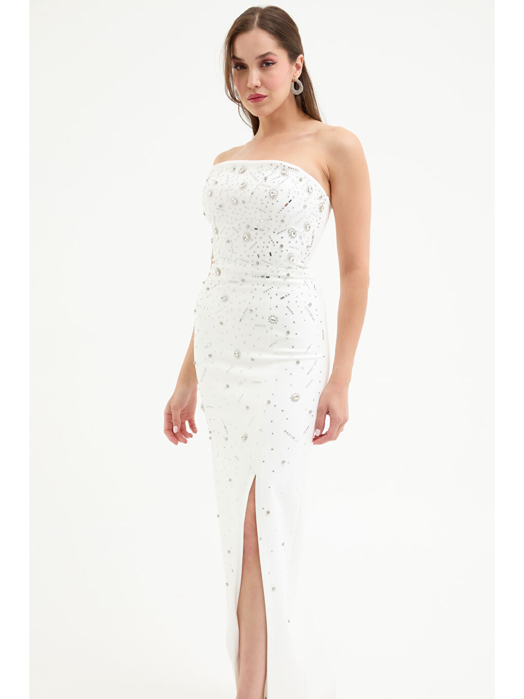 Kadın Beyaz Straplez Taşlı Uzun Abiye Elbise-2