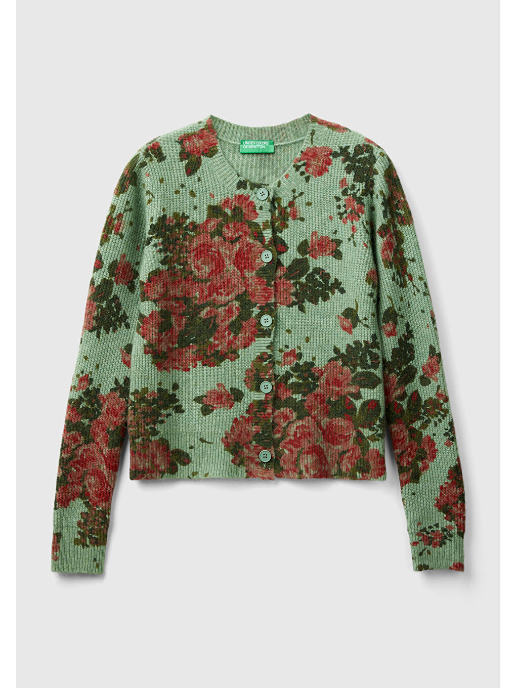 Kadın Yeşil Yün Karışımlı Tamamı Çiçek Desenli Bisiklet Yaka Kısa Hırka-2