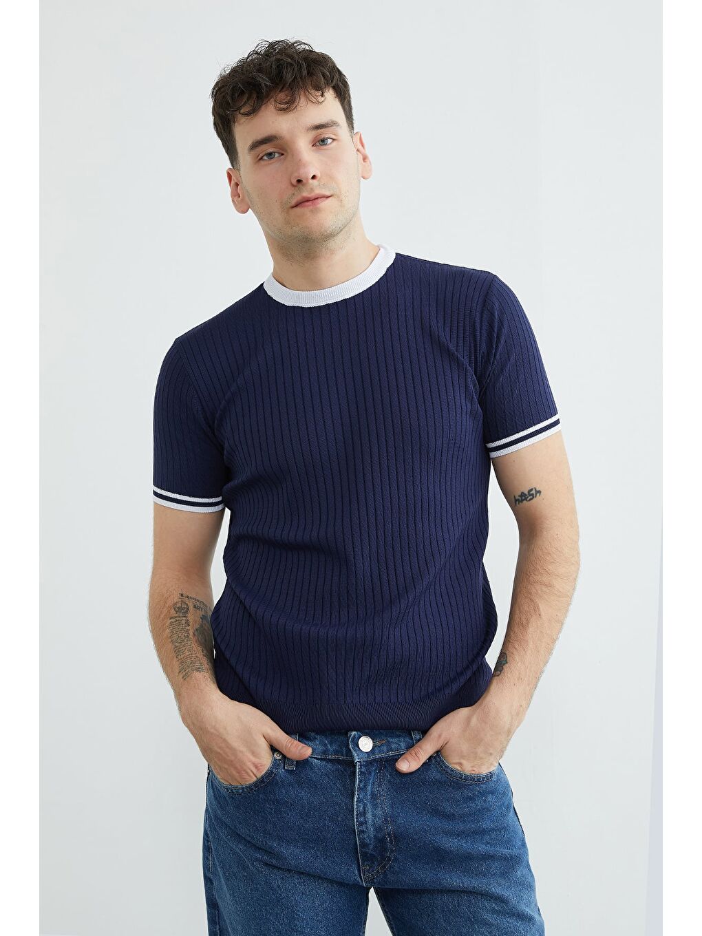 Lacivert Fitilli Biyeli Bisiklet Yaka Triko Tişört