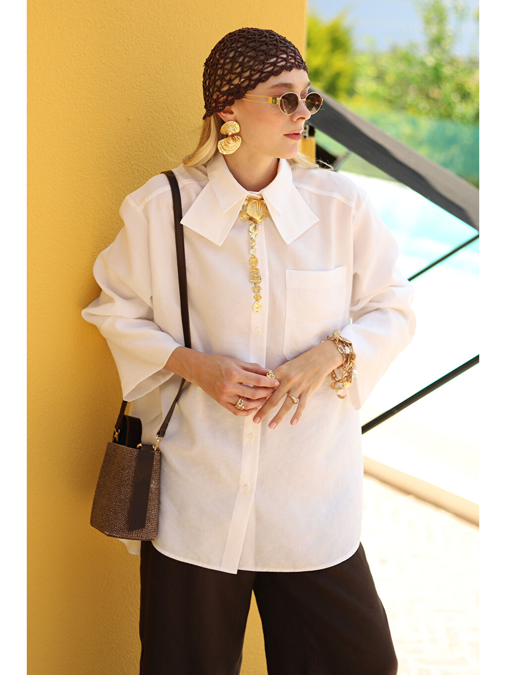 Çift Yakalı Gömlek Beyaz-1