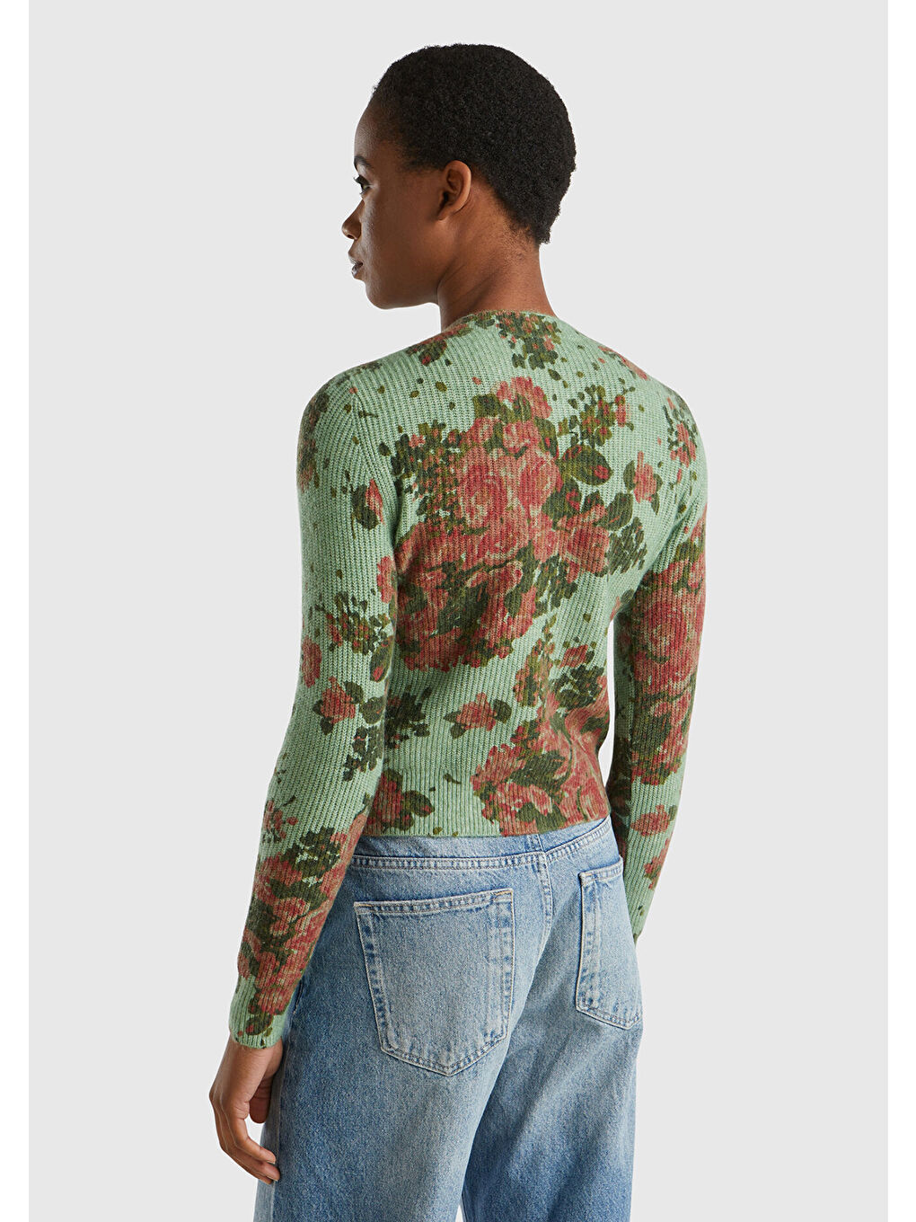 Kadın Yeşil Yün Karışımlı Tamamı Çiçek Desenli Bisiklet Yaka Kısa Hırka-3