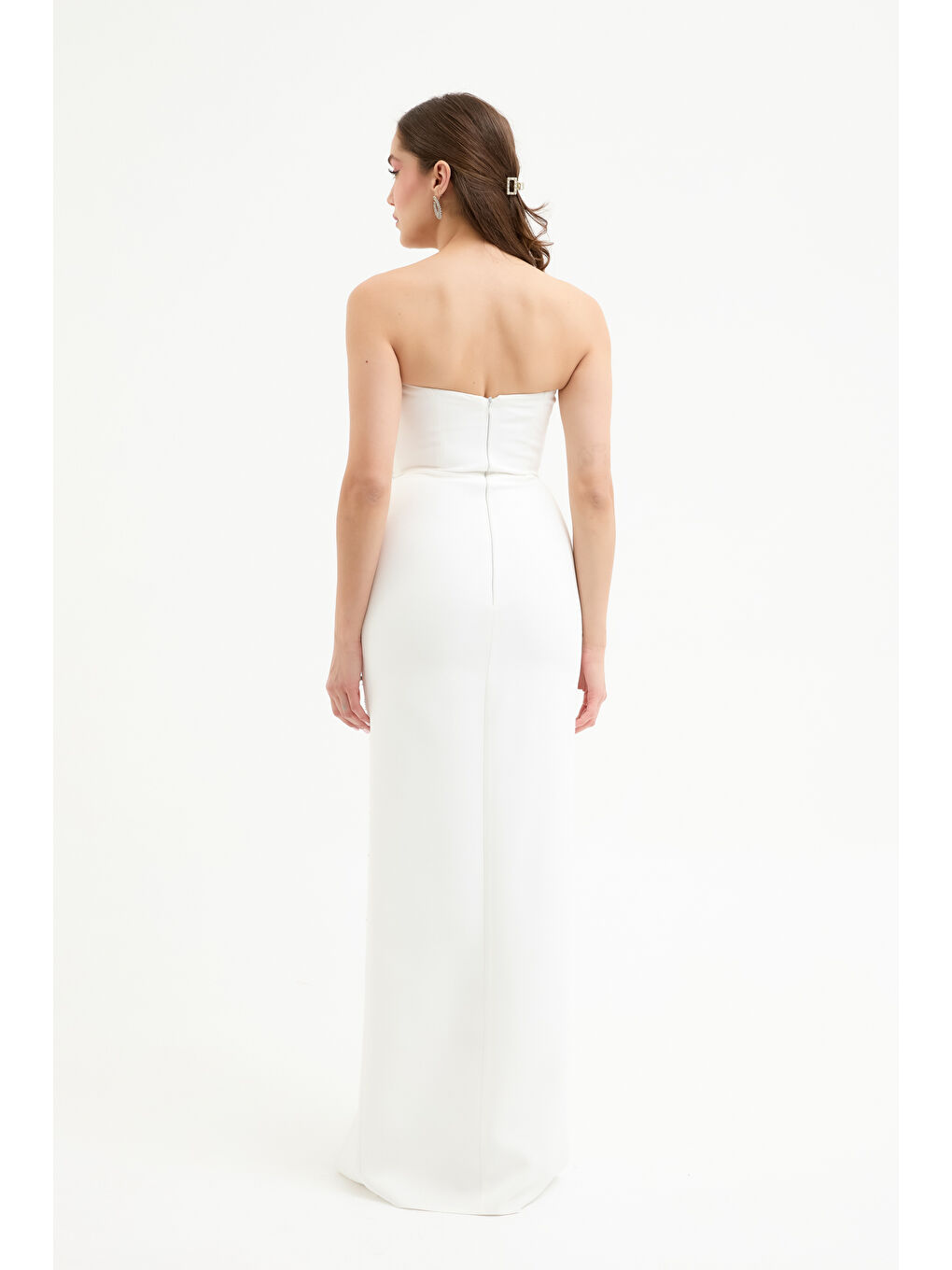 Kadın Beyaz Straplez Taşlı Uzun Abiye Elbise-4