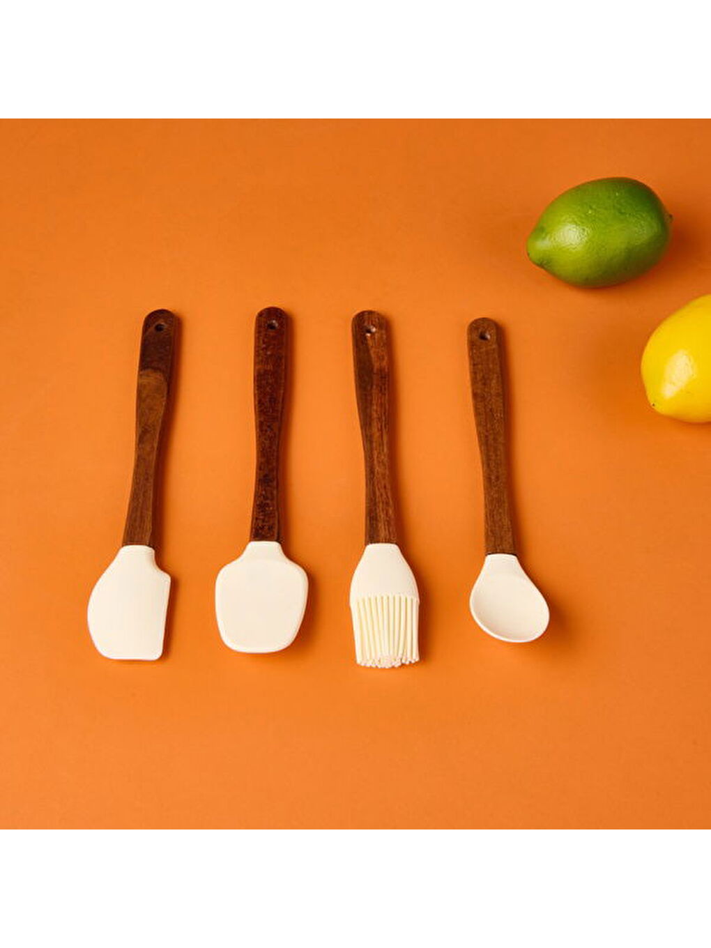 Ekru 4'lü Akasya Saplı Silikon Servis Seti - Krem / Kahverengi-2