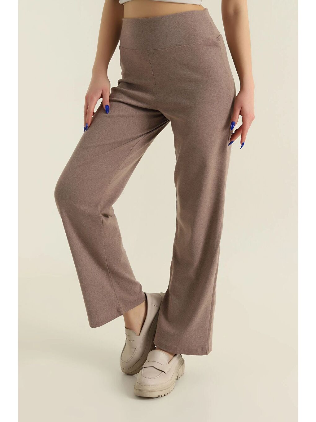 Kahverengi Kadın Ekstra Yüksek Bel Toparlayıcı Düz Paça Ribana Kumaş Esnek Spor Rahat Günlük Tayt