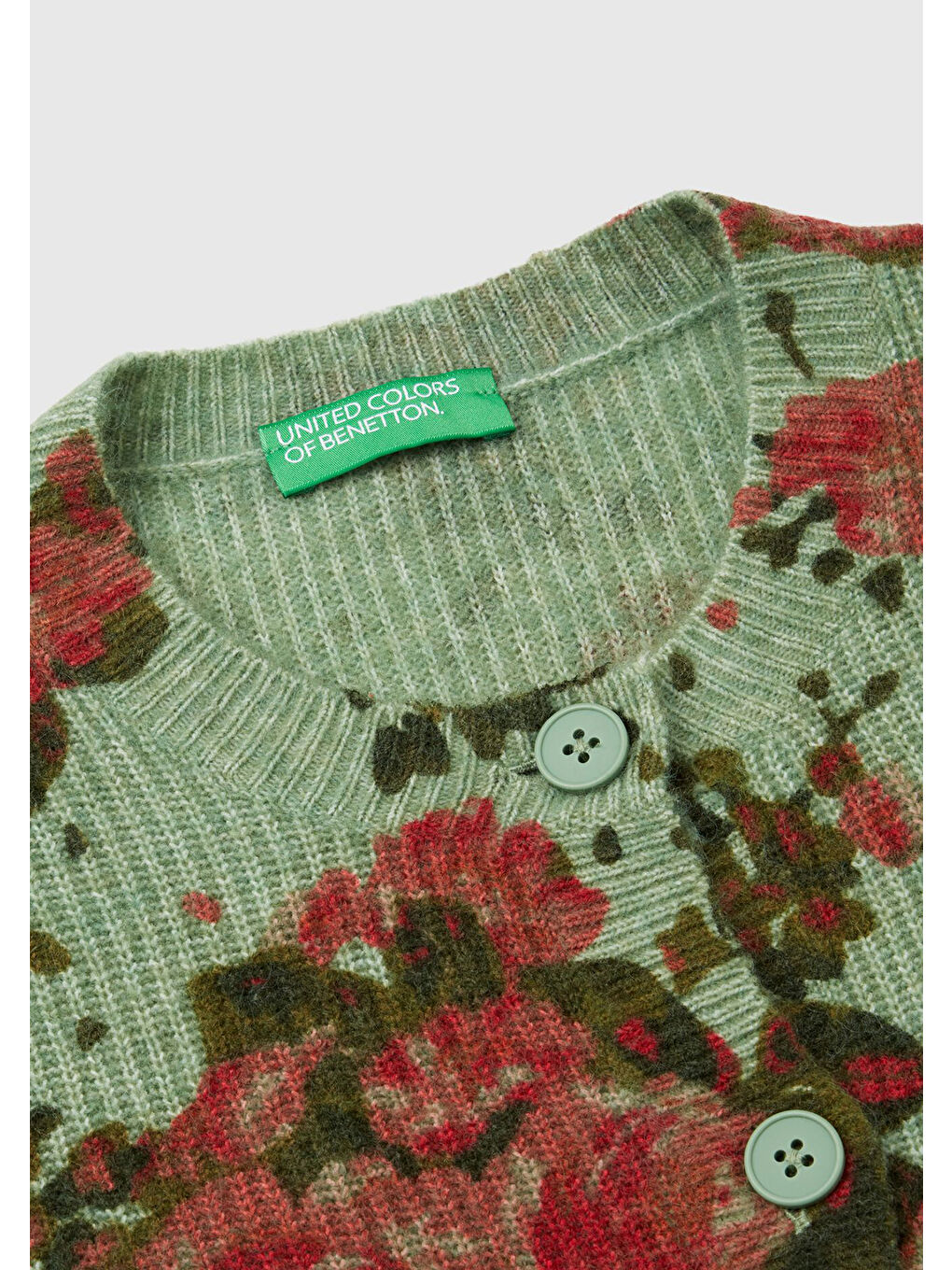 Kadın Yeşil Yün Karışımlı Tamamı Çiçek Desenli Bisiklet Yaka Kısa Hırka-5