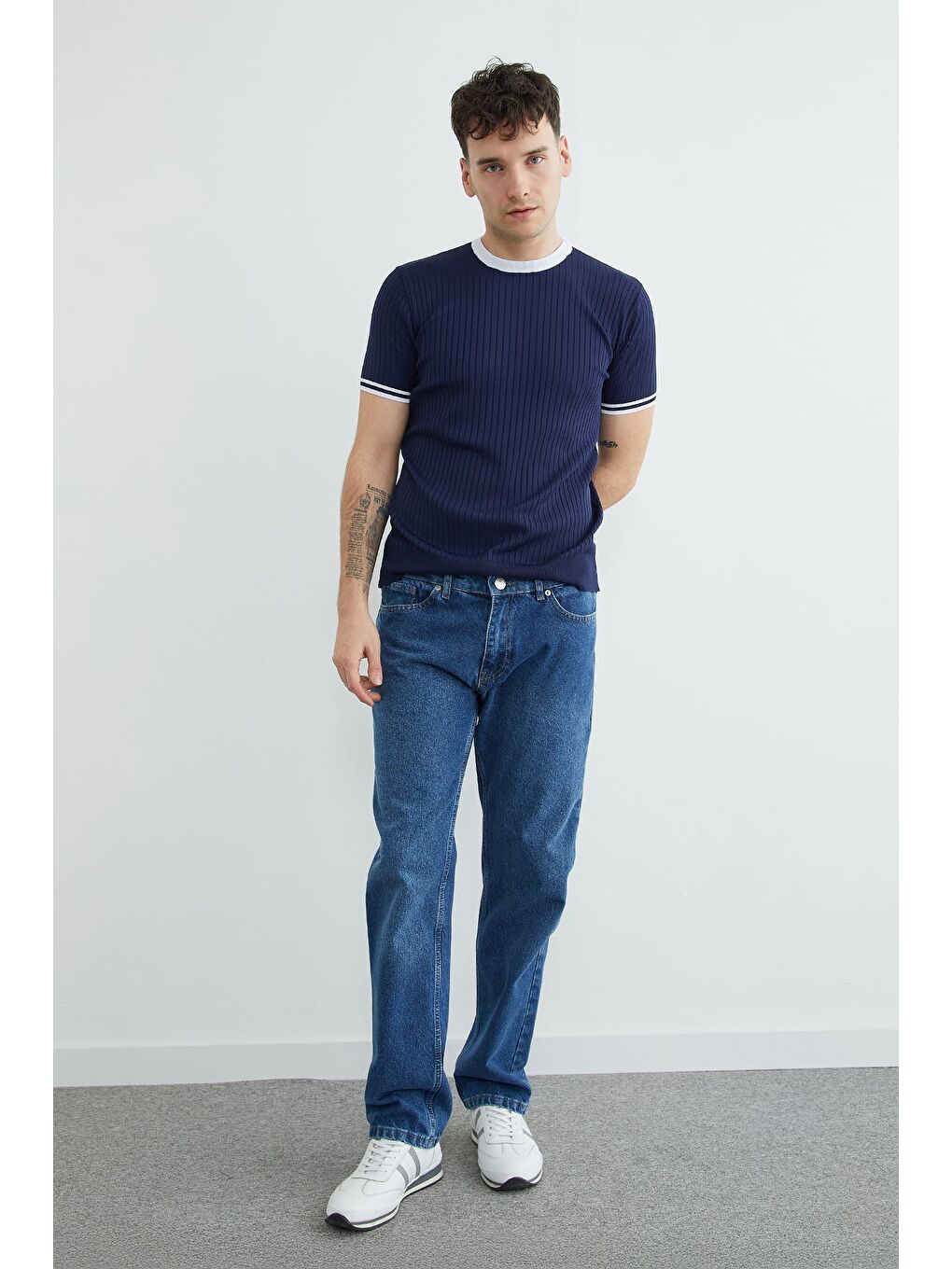 Lacivert Fitilli Biyeli Bisiklet Yaka Triko Tişört-2