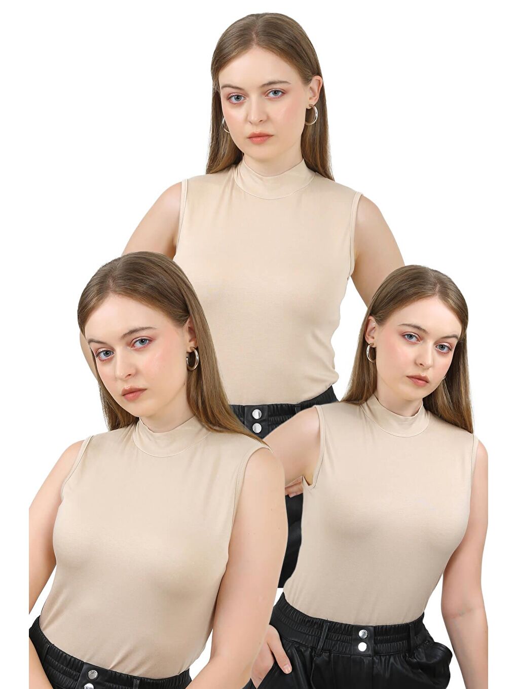 Ekru Kadın 3'Lü Kolsuz Body