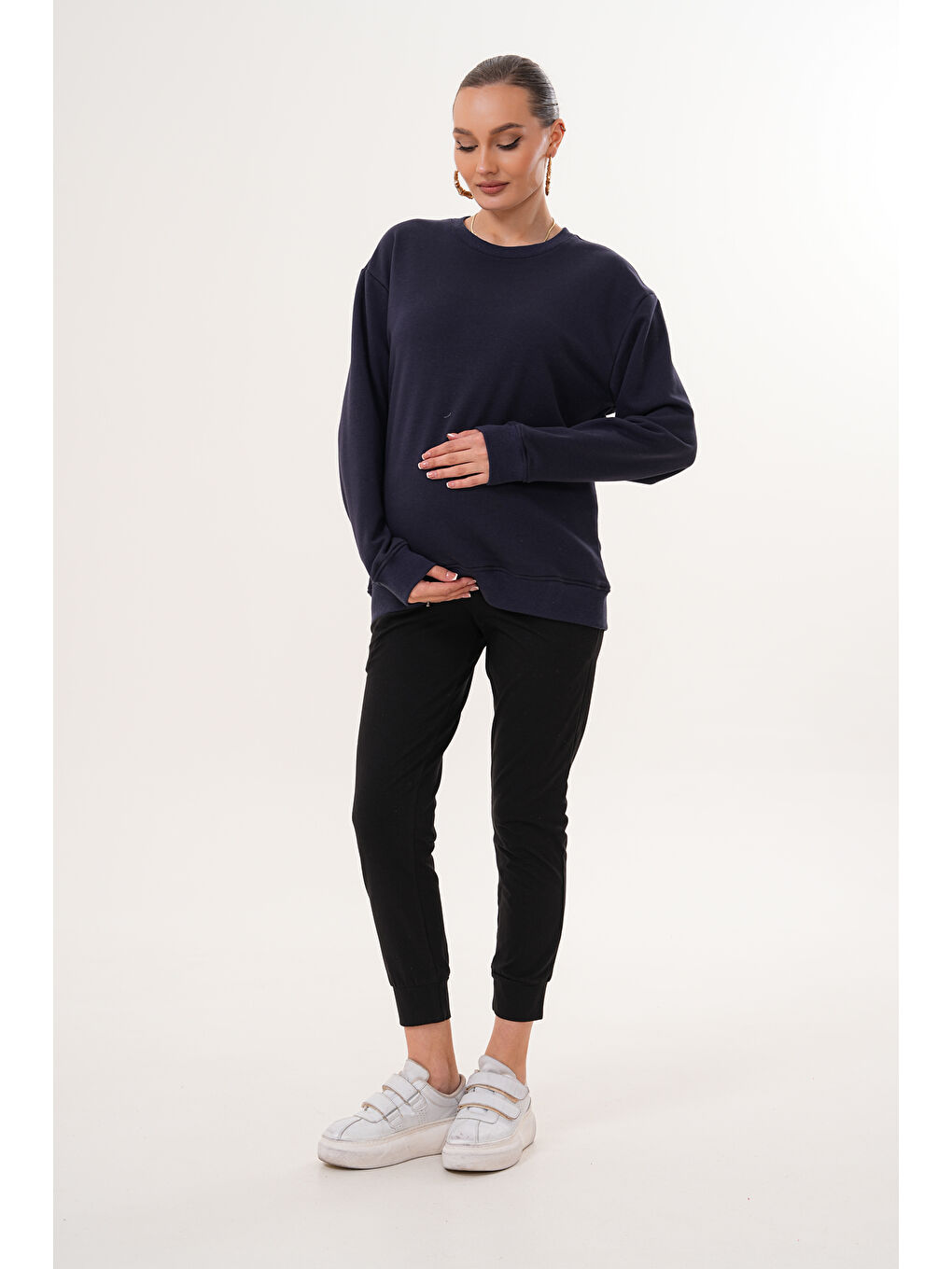 Lacivert Bisiklet Yaka %100 Pamuk Hamile ve Lohusa Basic Sweatshirt-1